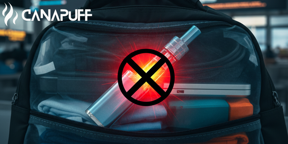 Dispositivos de vape Canapuff en una bolsa de viaje con un símbolo de prohibición superpuesto
