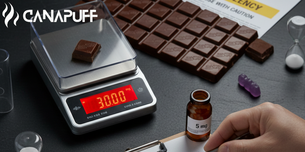 Onza de chocolate Canapuff en una báscula de precisión con vial dosificador y tabletas de chocolate