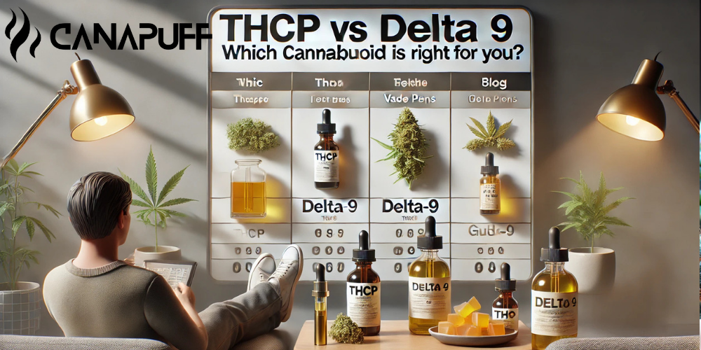 Infografía comparativa de Canapuff con productos cannabinoides THCP y Delta 9, tinturas, aceites y flor de cannabis
