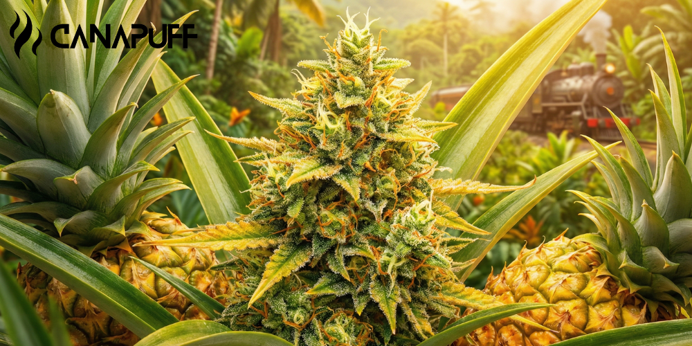 Cepa de cannabis Pineapple Express floreciendo entre plantas de piña en un jardín tropical