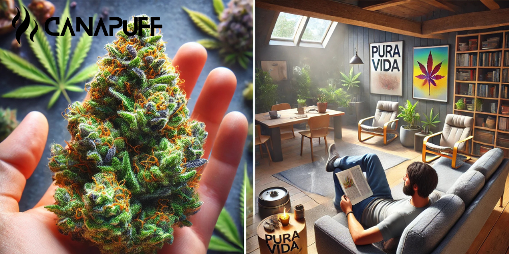 Cogollo de la cepa Pura Vida de Canapuff en la mano con hojas de cannabis al fondo