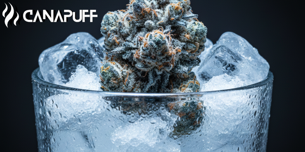 Flor de cannabis Canapuff en un vaso escarchado con cubitos de hielo