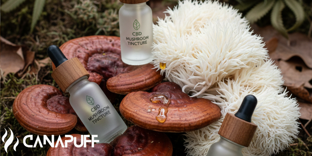 Frascos de tintura de setas con CBD de Canapuff rodeados de setas reishi y melena de león