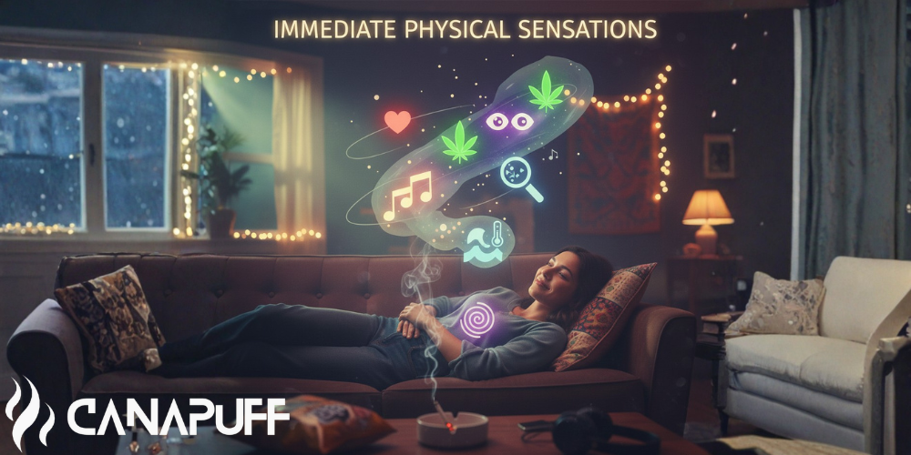Ilustración de una persona en el sofá con iconos animados que muestran efectos y sensaciones del cannabis, como un corazón y notas musicales