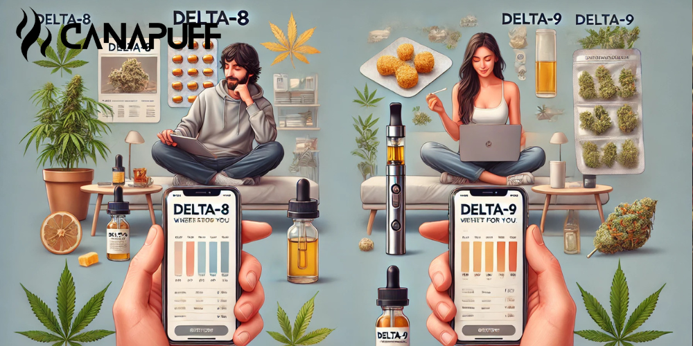 Ilustración que compara productos cannabinoides Delta-8 y Delta-9 con escenas lifestyle, gominolas, flores y opciones de vape