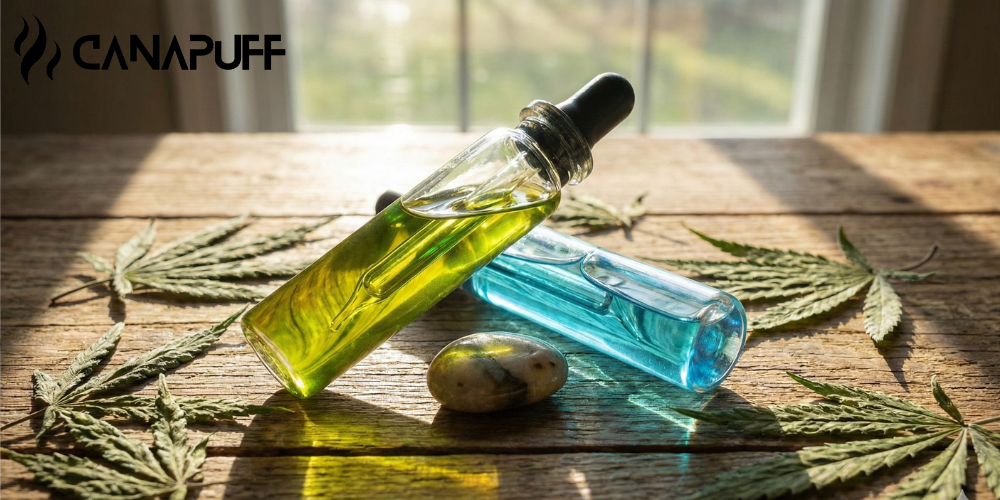 Tinturas de aceite Canapuff y hojas de cannabis sobre una mesa de madera junto a la ventana