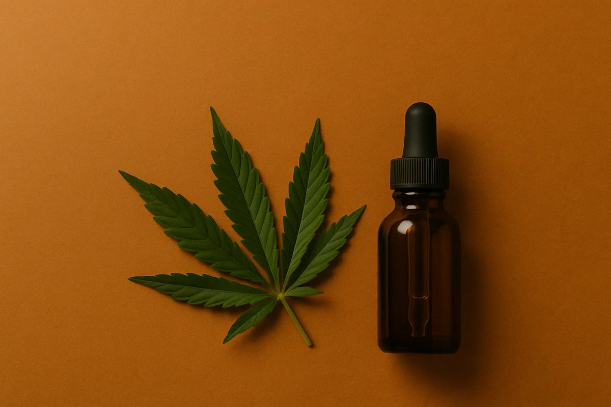 Hoja de Cannabis y frasco cuentagotas ámbar sobre fondo naranja cálido