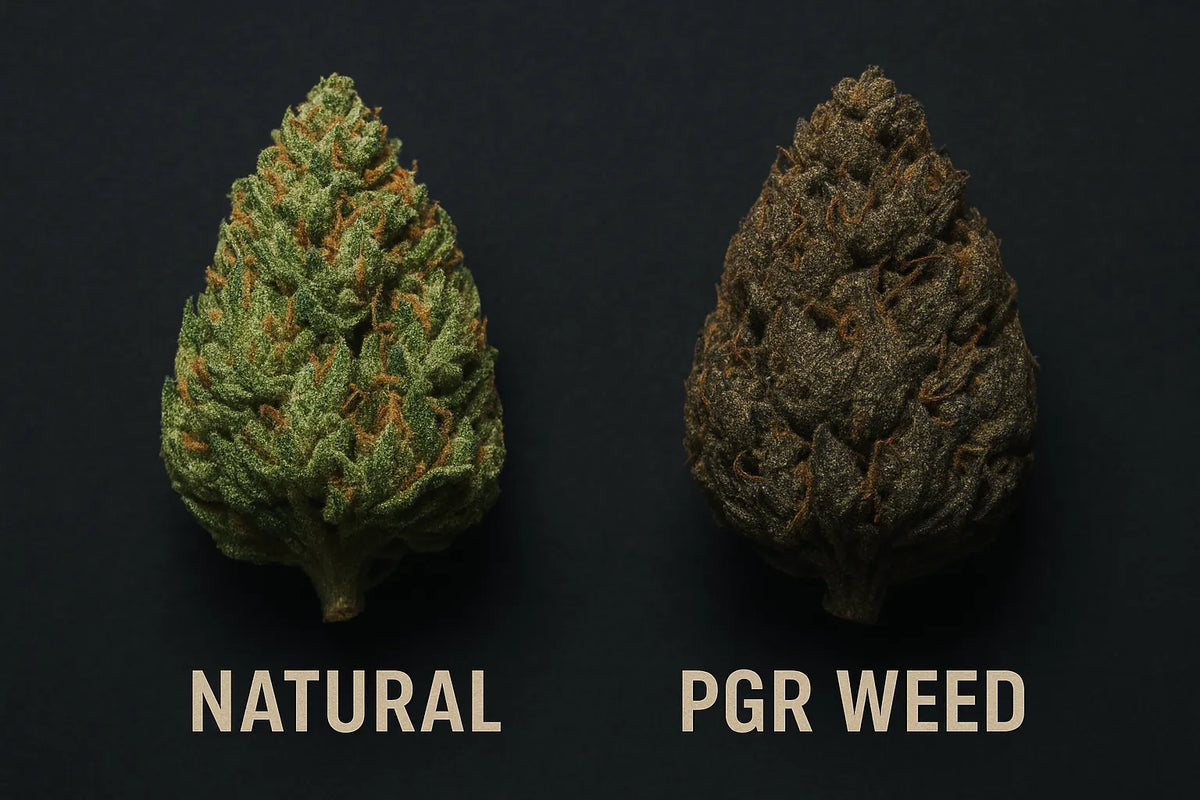 Comparación entre un cogollo de Cannabis natural y un cogollo de weed con PGR lado a lado