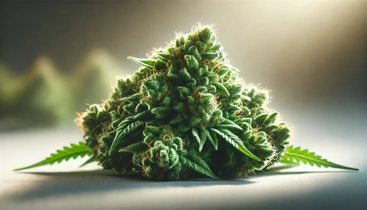 Imagen fotorrealista de flores frescas de Cannabis con luz natural y fondo suavemente desenfocado.