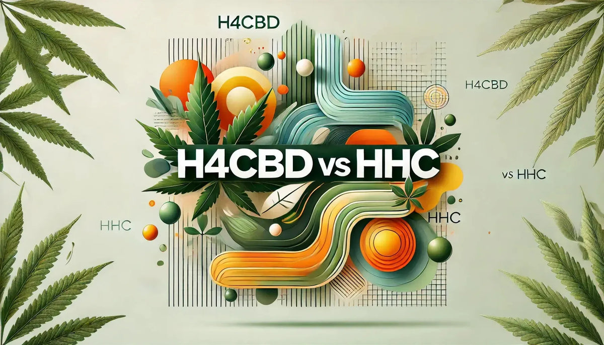 Imagen de cabecera de blog titulada ‘H4CBD vs HHC’, con visuales abstractos en tonos verdes para H4CBD y tonos naranja-amarillo dinámicos para HHC, resaltando su contraste.