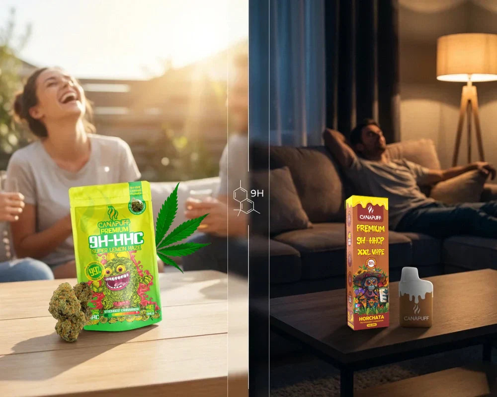 Canapuff 9H-HHC- und 9H-HHCP-Produkte in Outdoor- und Indoor-Lifestyle-Szenen