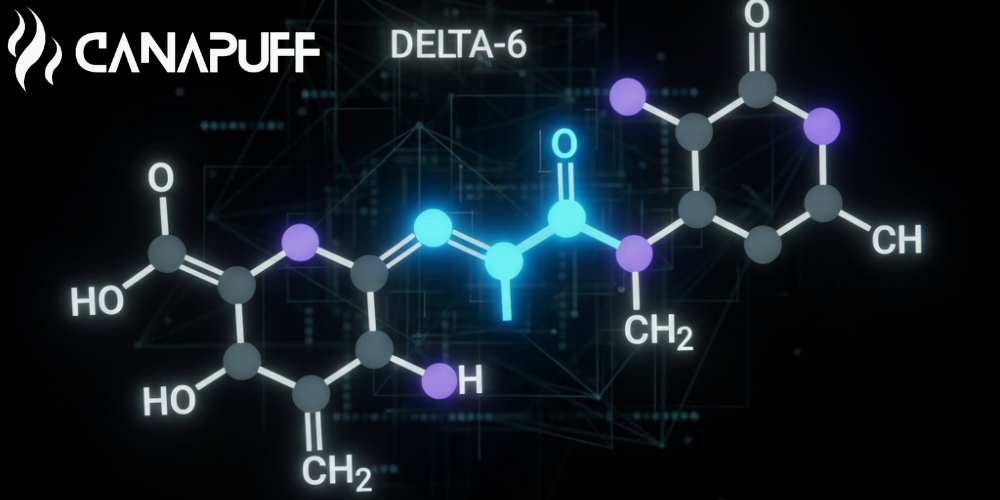 Canapuff-Logo mit Illustration der Delta-6-Molekülstruktur auf Tech-Hintergrund