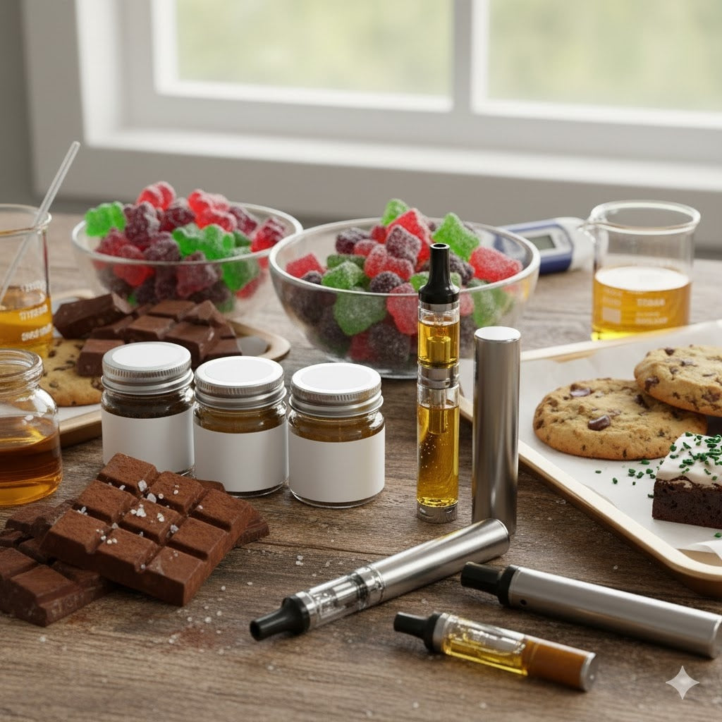 Flat lay lifestyle con vape pens, aceites en tarros, chocolate, gominolas y cookies sobre superficie de madera