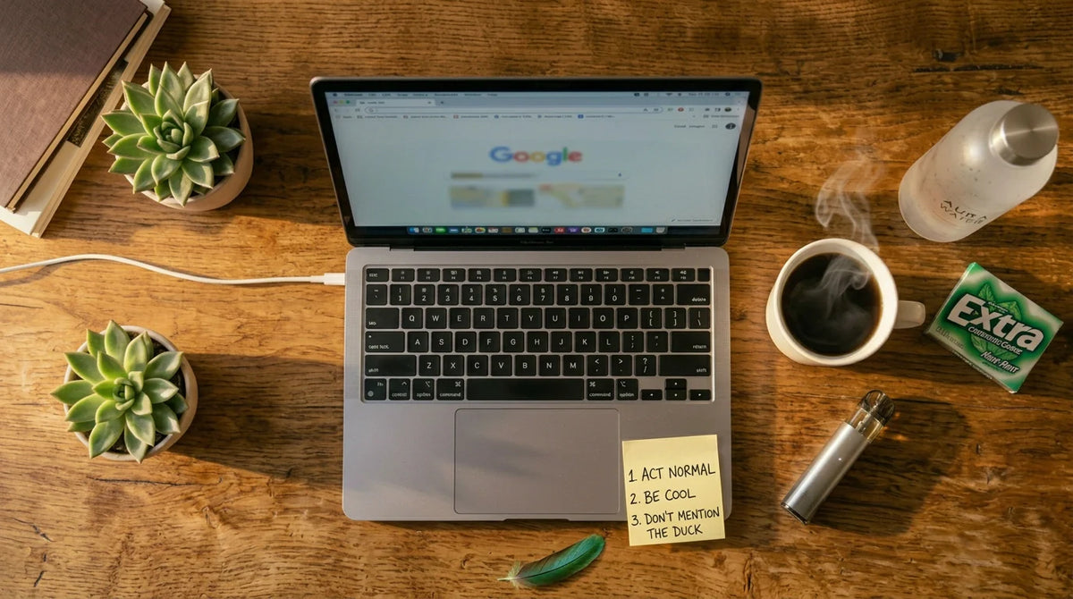 Espacio de trabajo con portátil, taza de café, suculentas y producto de cannabis sobre escritorio de madera