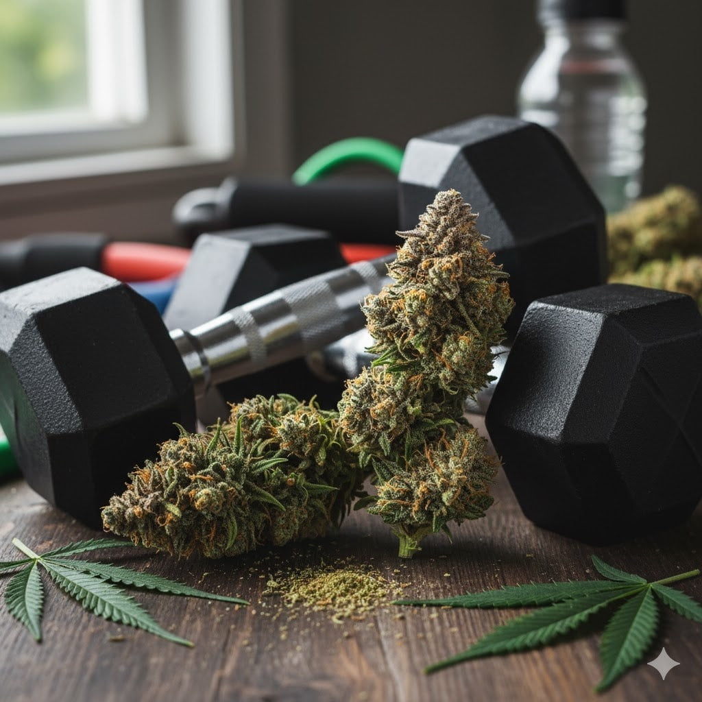 Cogollos de cannabis con mancuernas, vape pen y hojas sobre superficie de madera