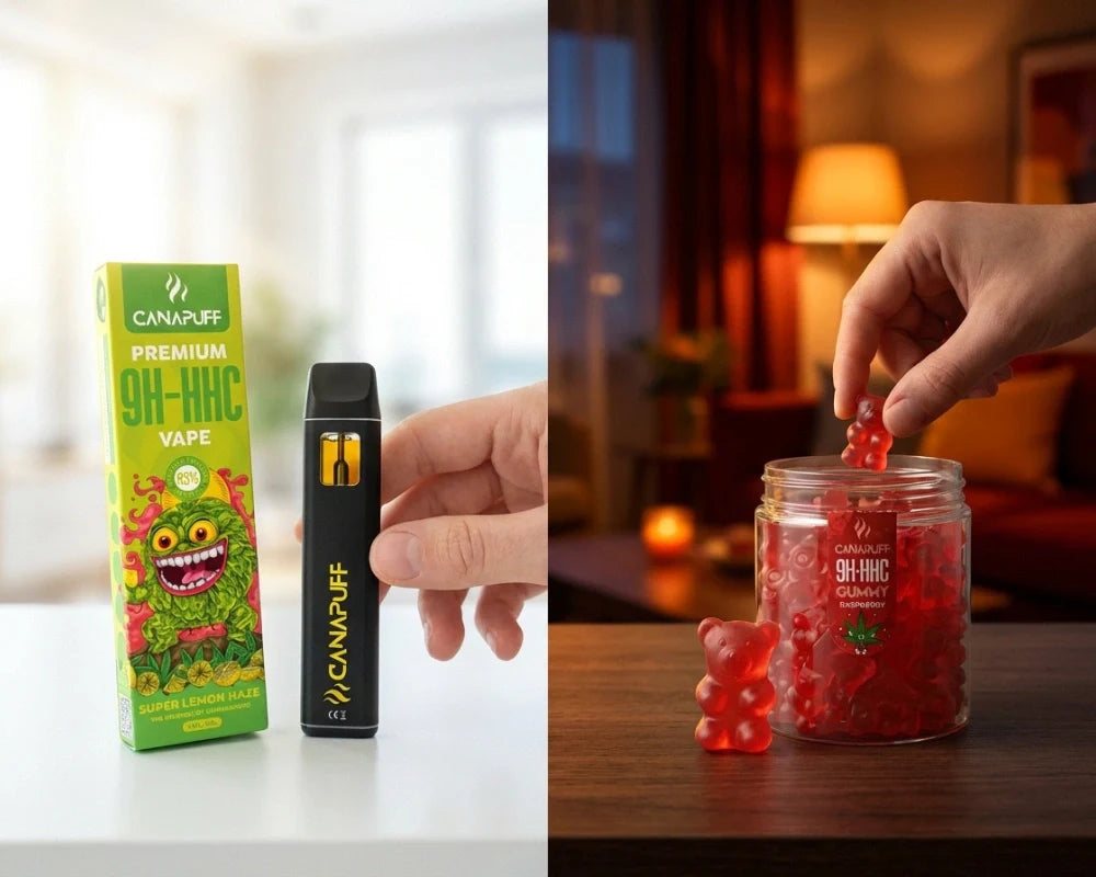 Yaşam tarzı ortamında yan yana sergilenen Canapuff 9H-HHC vape ve jelibon ürünleri