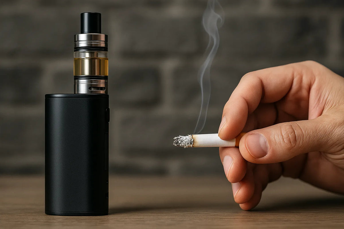 Obrázek vedle sebe: vape zařízení a ruka držící zapálenou cigaretu na dřevěném stole