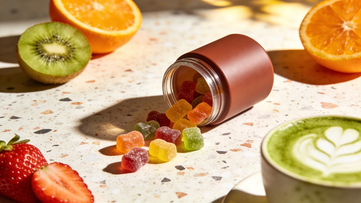 Gominolas CBD de colores saliendo de un tarro sobre una superficie de terrazo, rodeadas de fruta fresca y matcha latte