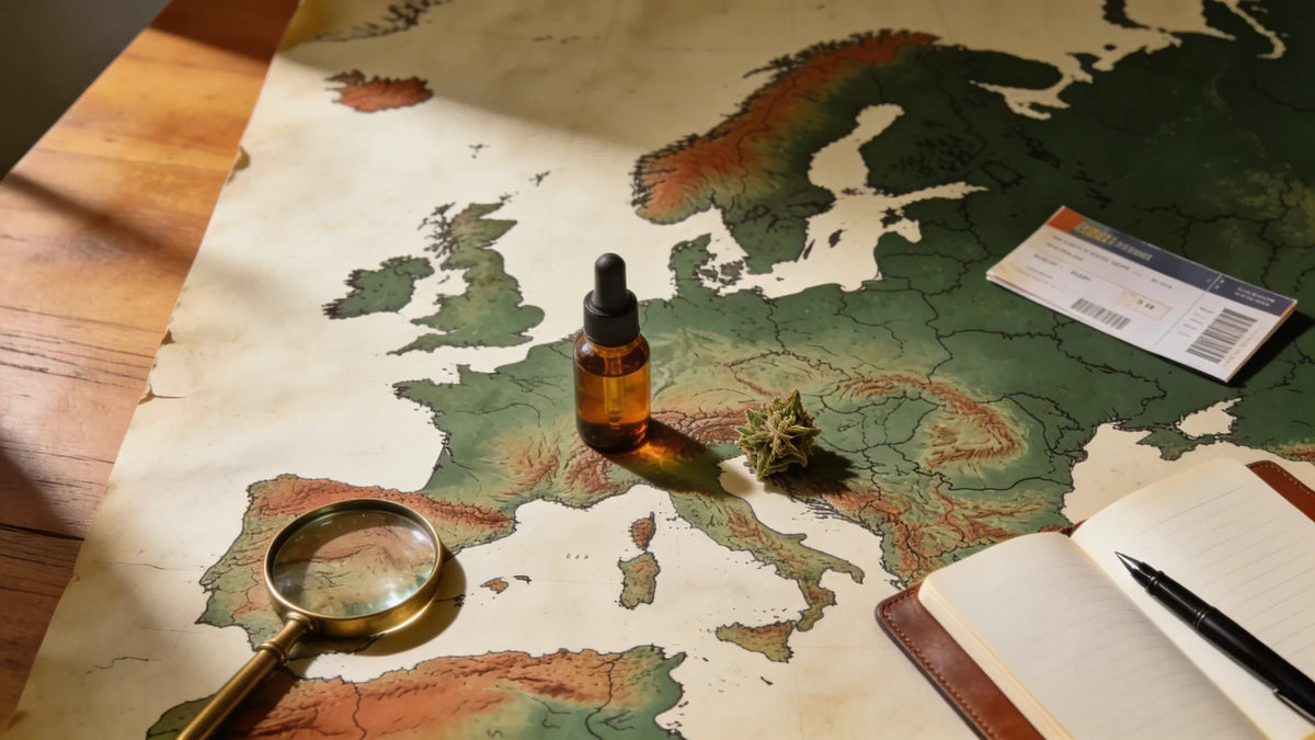 Ravfarvet pipetteflaske og cannabistopskud på et Europakort med lup og notesbog