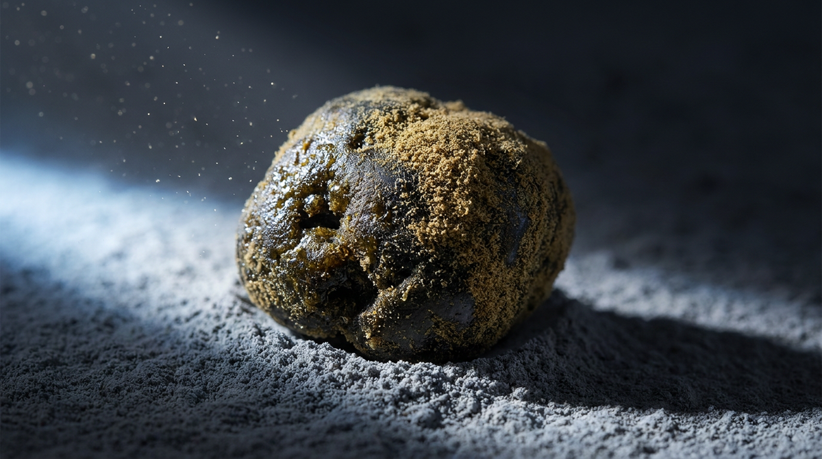 Moon rock de cannabis sobre polvo lunar con dramática luz lateral rasante y partículas de kief flotando