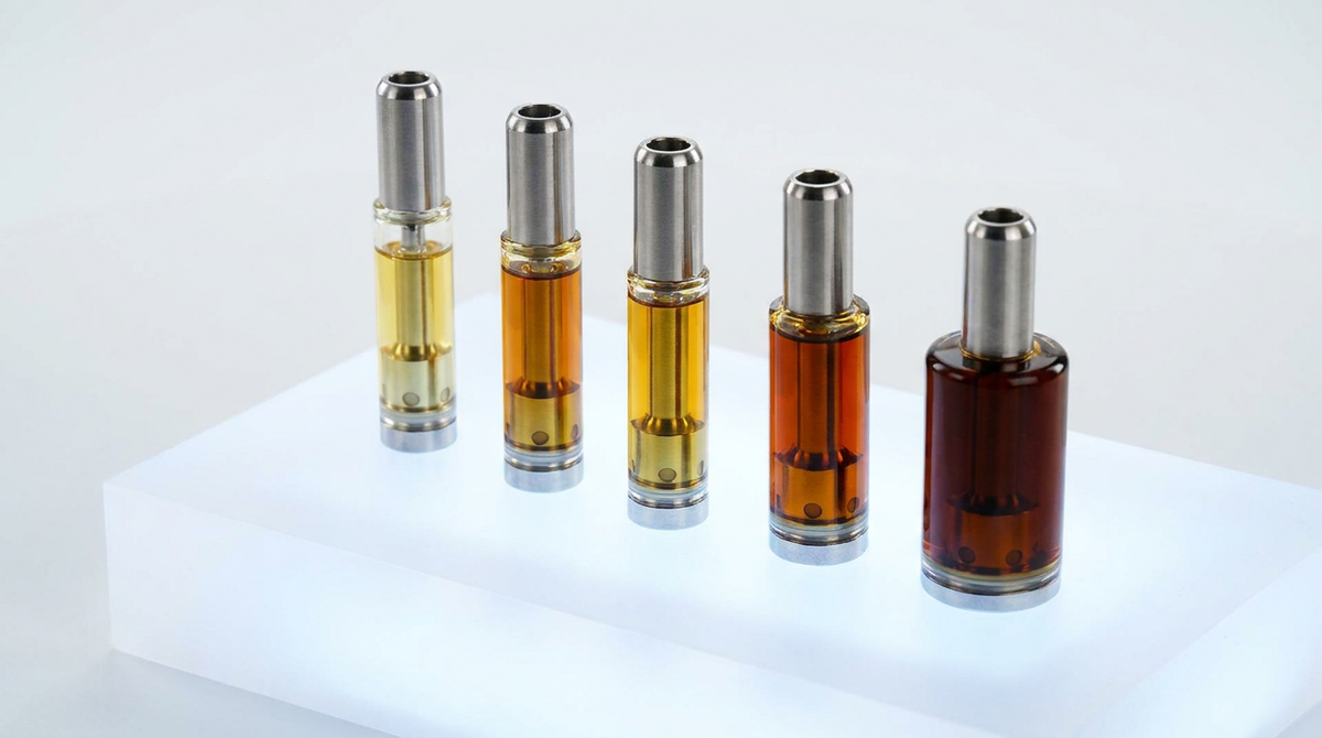 THCv-, CBD- og CBG9-vape-patroner med ravfarvet olie på en frostet hvid overflade