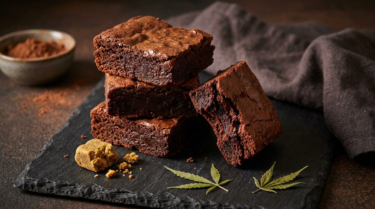 Pila de brownies de chocolate con hachís, bien jugosos, sobre una tabla de pizarra con un trozo de hachís al lado