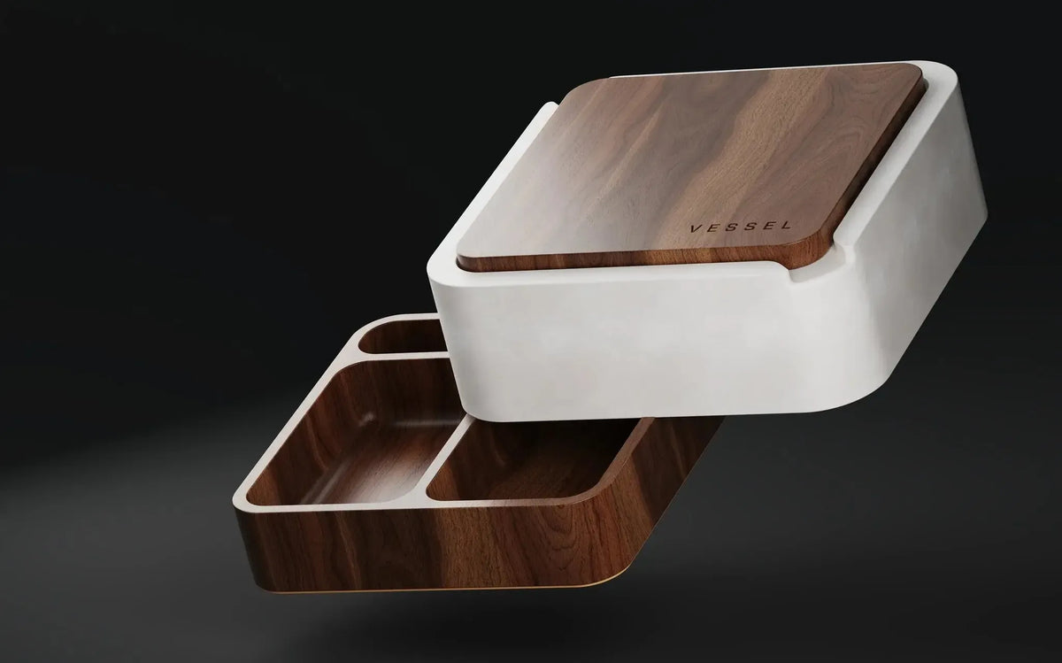 Vessel Ashtray walnut with white ceramic and wood design