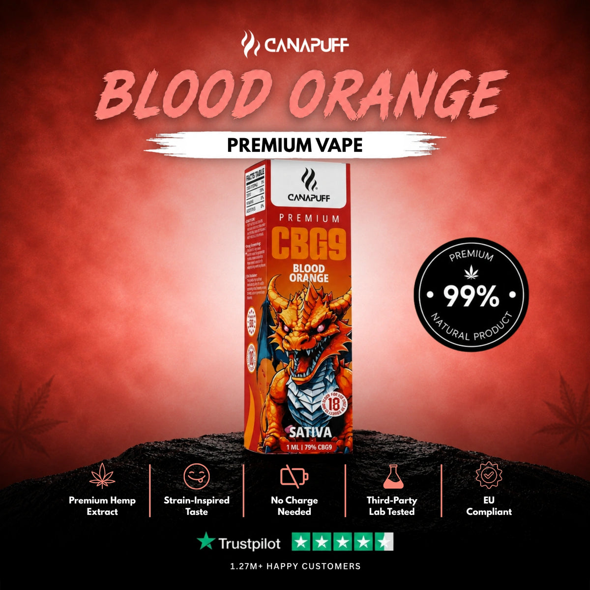 CBG9 Vape Blood Orange 79% 1ml – disposable vape pen, photo 2