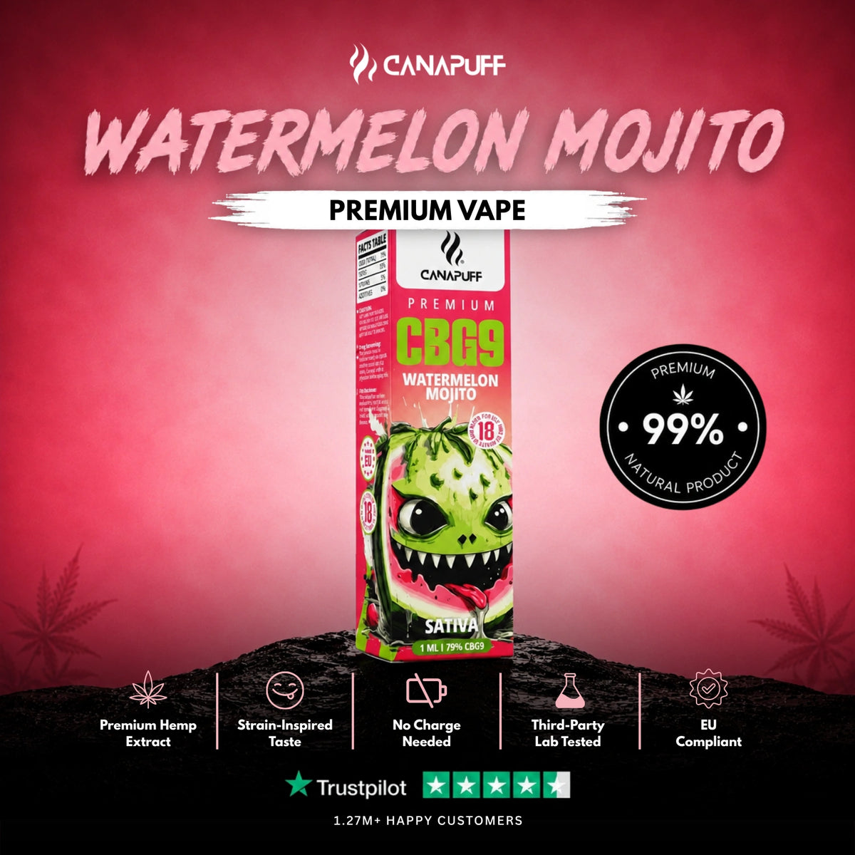 CBG9 Vape Watermelon Mojito 79% 1ml – disposable vape pen, photo 2