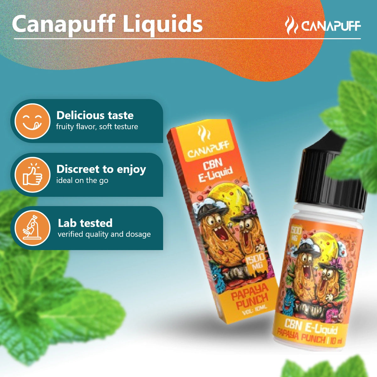 Canapuff CBN E-Liquid Papaya Punch 1.500mg, botella de líquido para vape de 10ml