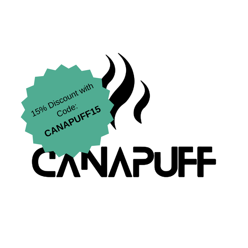 Logotipo de Canapuff con insignia de promoción de 15% de descuento
