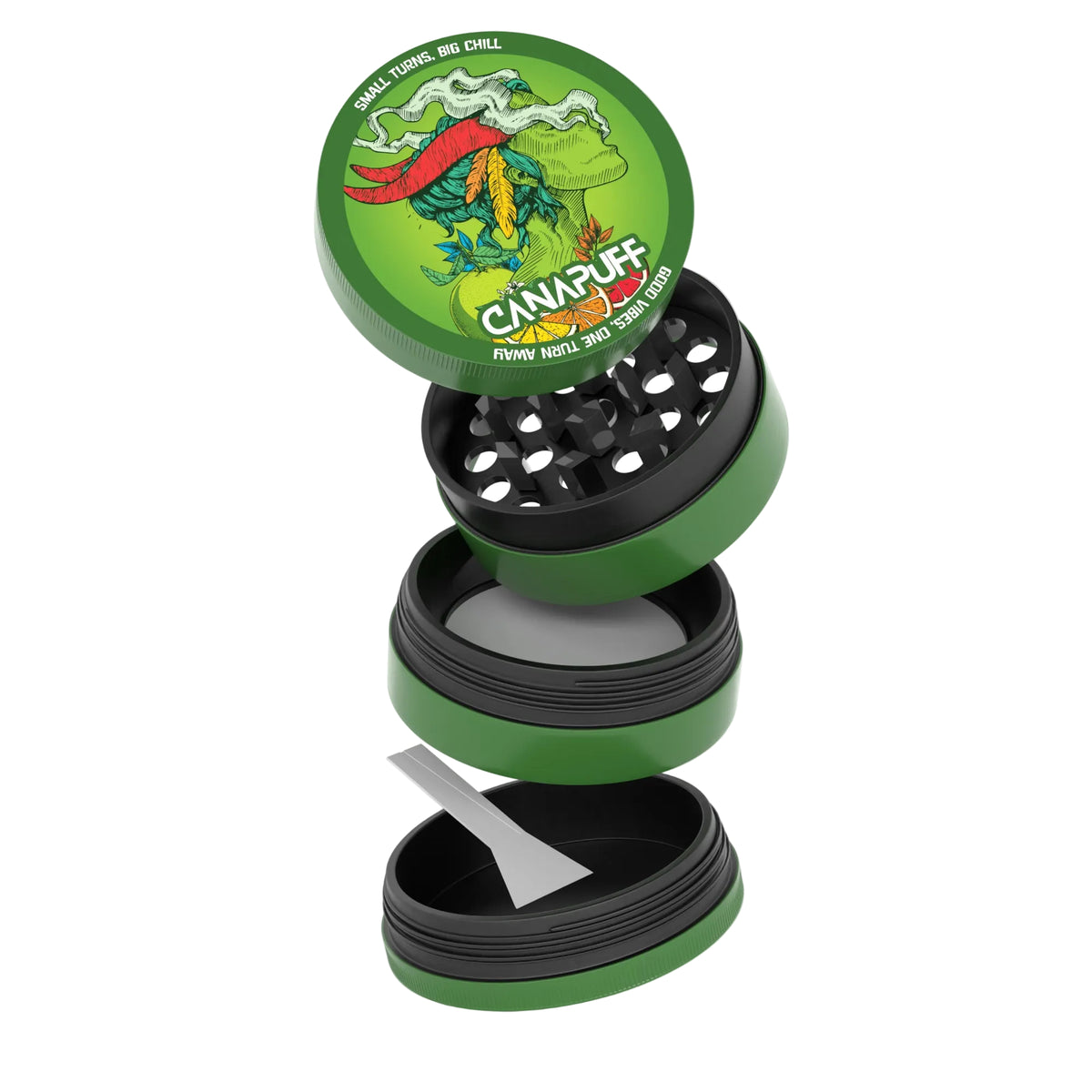 Grinder di metallo Canapuff con branding Green Crack, design a più camere