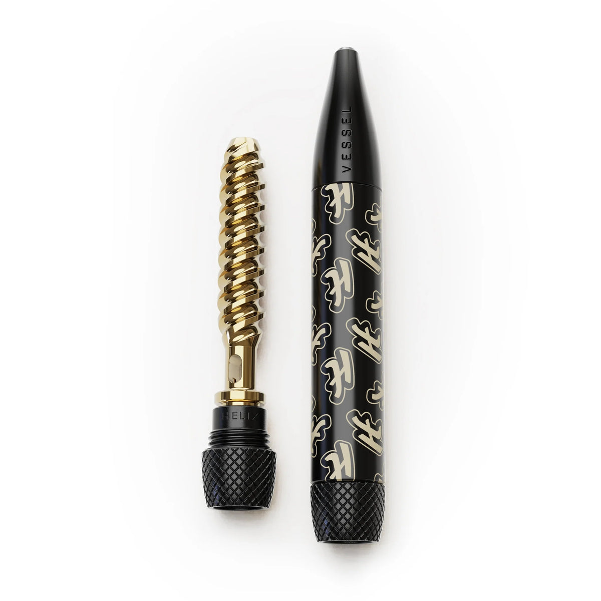 Altın rengi spiral sarmal ve siyah kalem tarzı gövdeyle Vessel One Hitter Highsman Edition cihazı