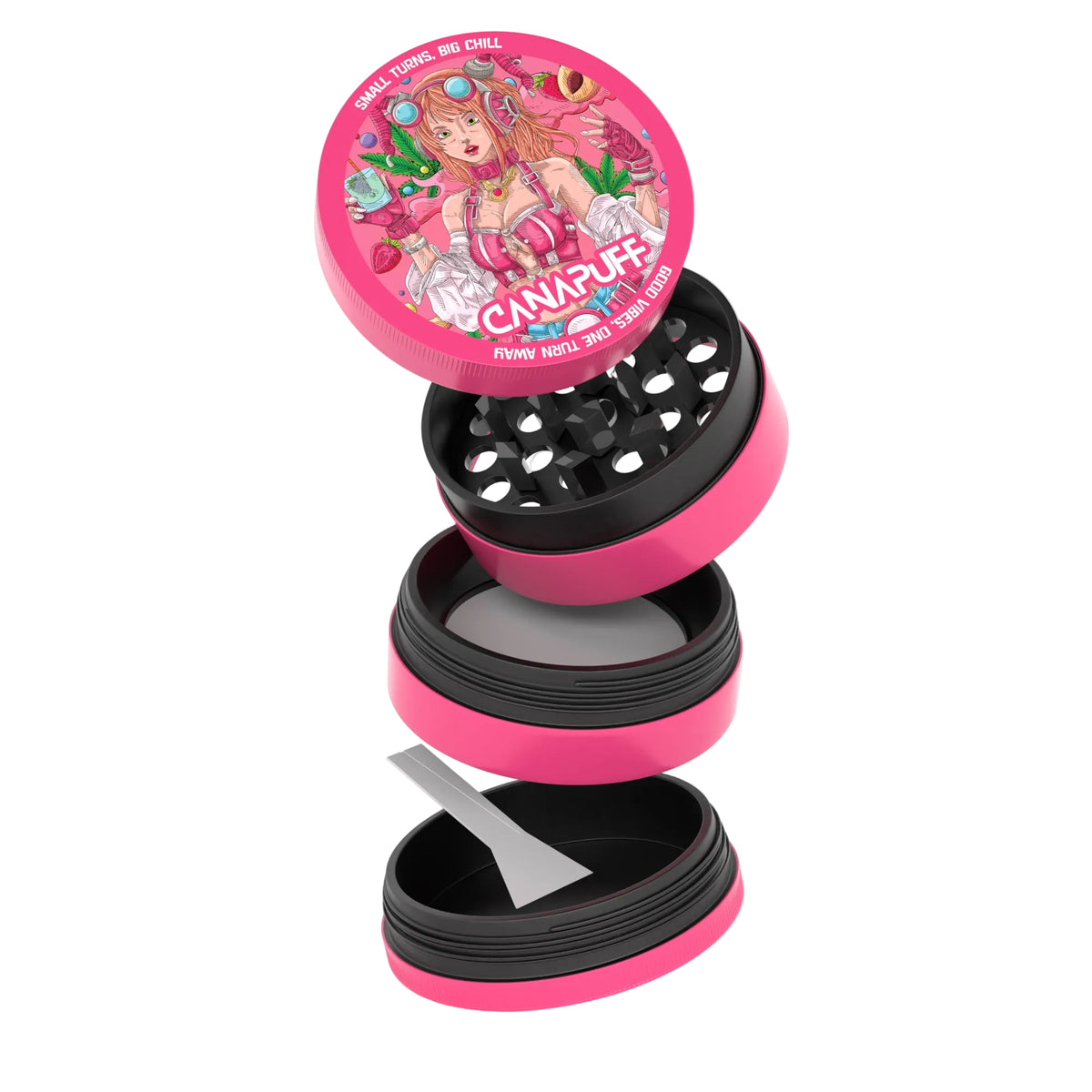 Grinder metálico Canapuff Lychee Dream, diseño de 4 piezas en rosa y negro con recogedor de kief