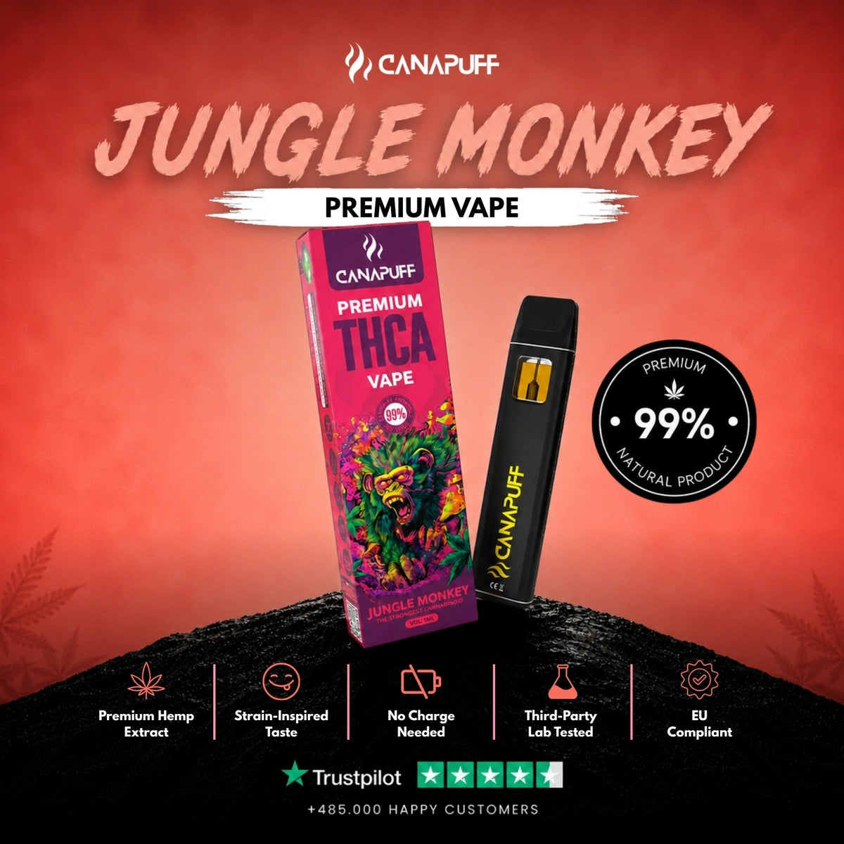 THCA Vape Jungle Monkey 99% 1ml – disposable vape pen, photo 2