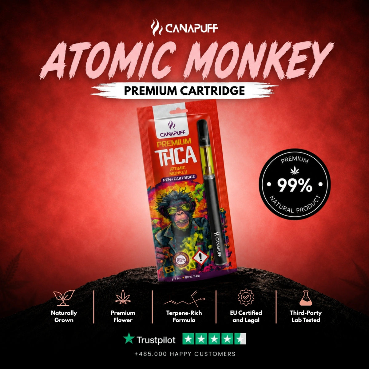 THCA Pen+Cartridge Atomic Monkey 99% – vape pen with cartridge, photo 2