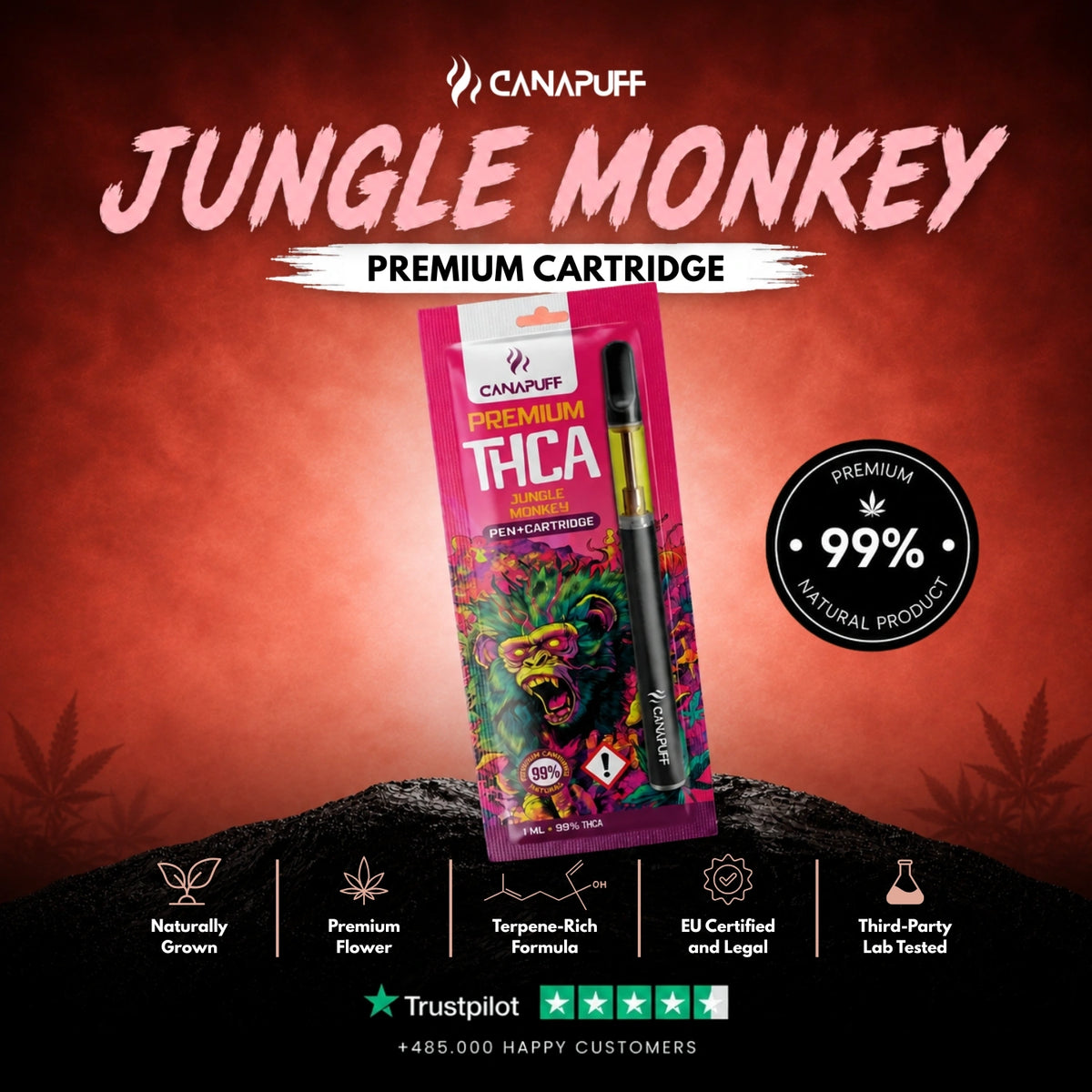 THCA Pen+Cartridge Jungle Monkey 99% – vape pen with cartridge, photo 2