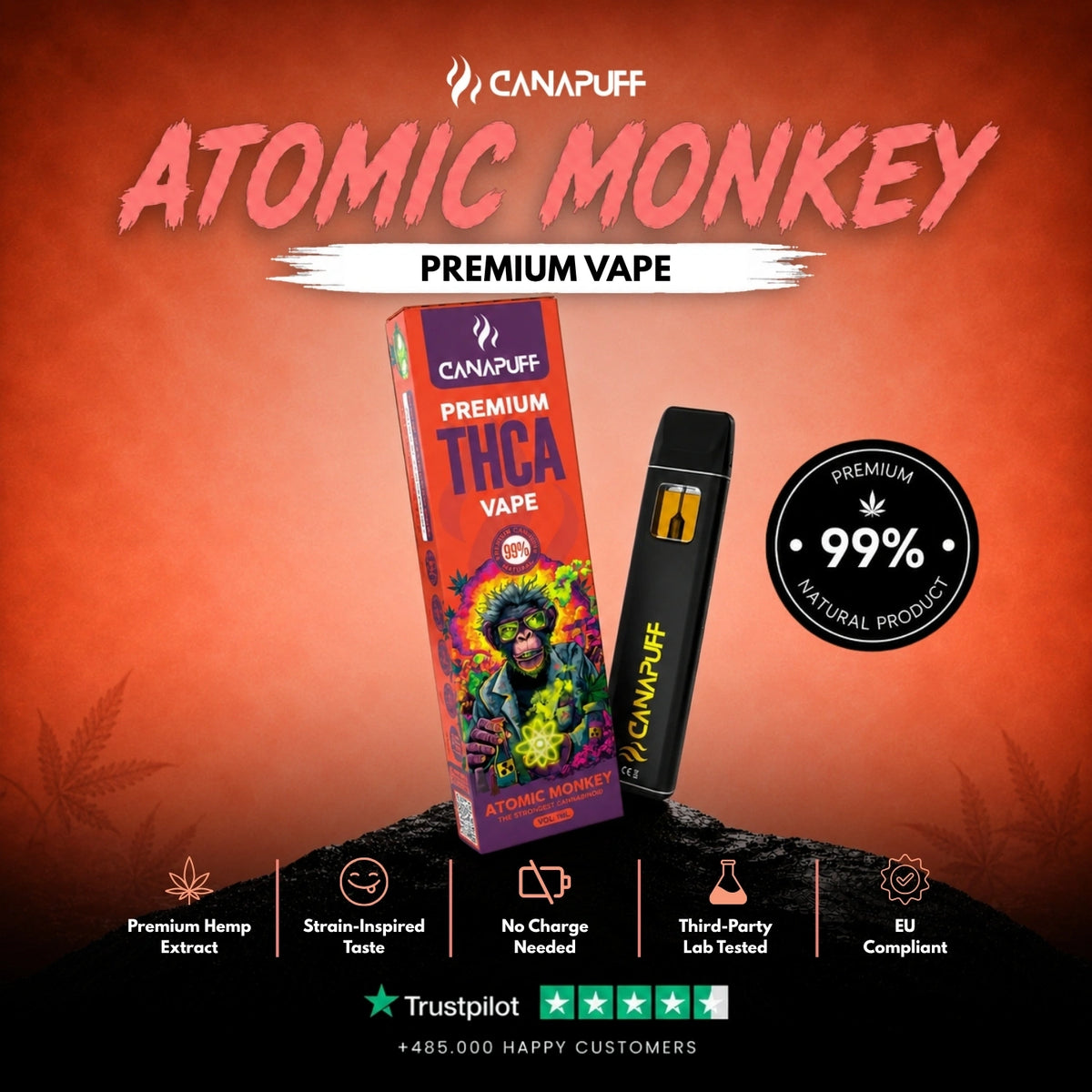 THCA Vape Atomic Monkey 99% 1ml – disposable vape pen, photo 2
