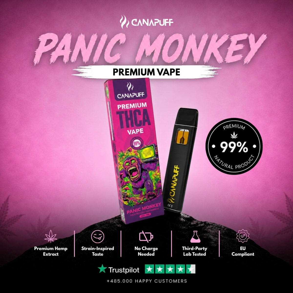 THCA Vape Panic Monkey 99% 1ml – disposable vape pen, photo 2