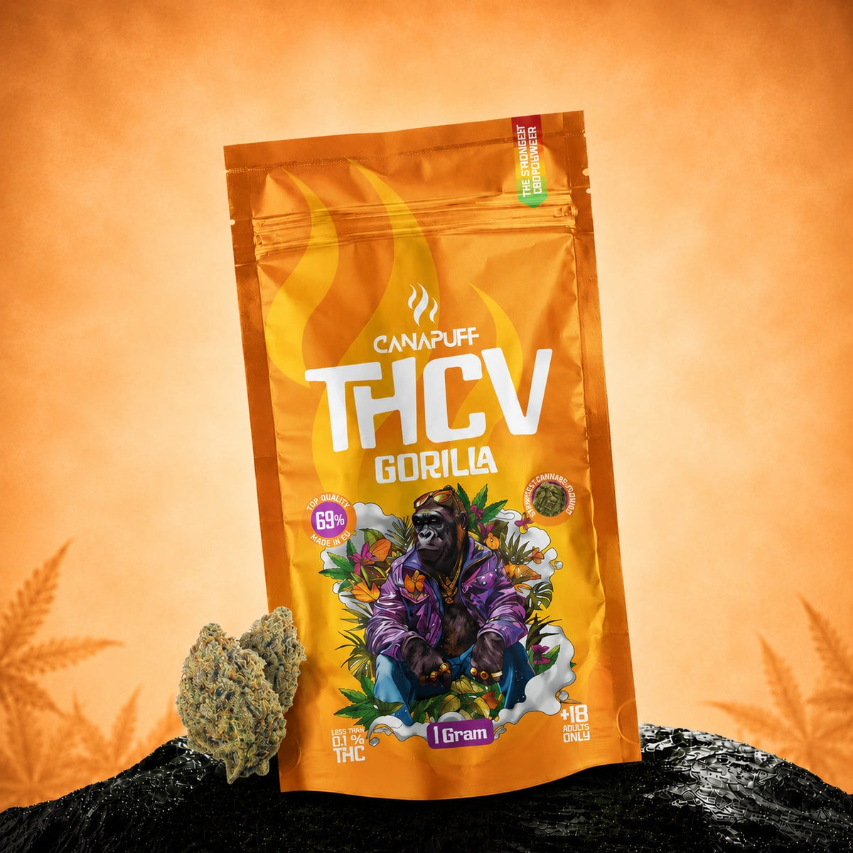 Canapuff THCv Gorilla flowers 69%, 1 gram pouch with orange packaging and gorilla artwork