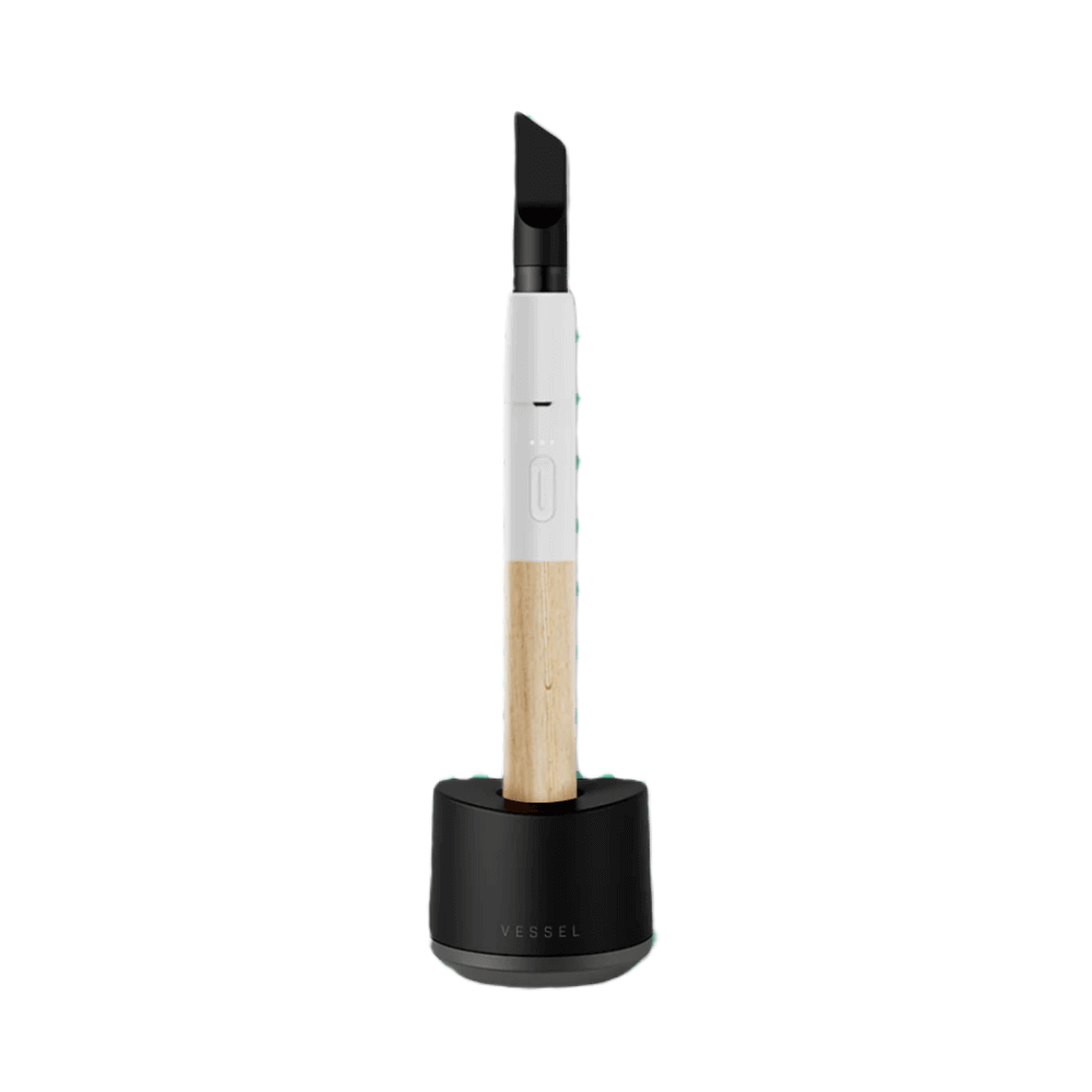 Vape pen Vessel Craftsman în alb, cu accente din lemn de fag și stație de încărcare