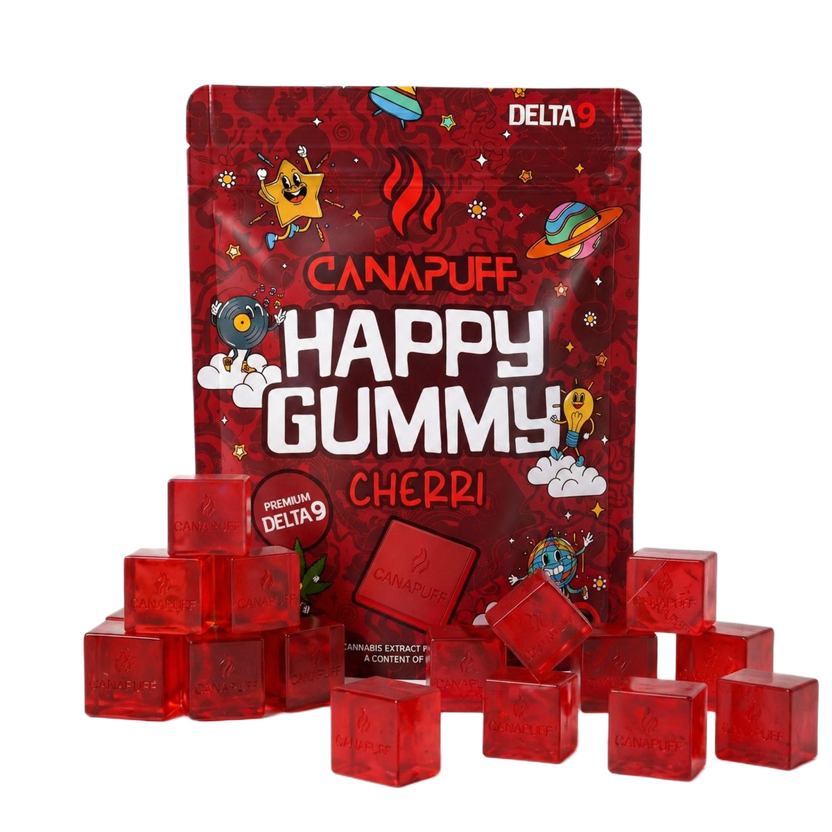Bolsa de gominolas de cereza Canapuff Happy Gummy Delta-9 con cubos rojos individuales