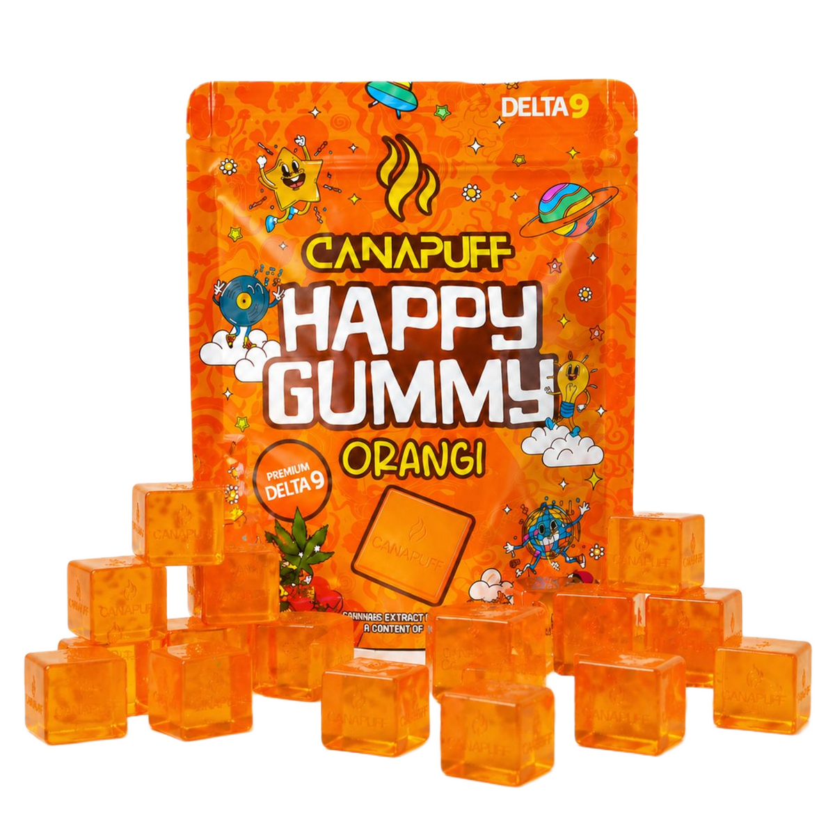 Canapuff Happy Gummy Orange Delta-9 THC Gummibärchen-Beutel mit abgebildeten einzelnen Gummibärchen