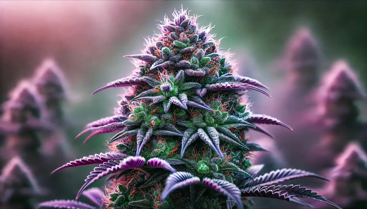 Purple Cookie Kush en todo su esplendor: vibrantes cogollos morados y verdes espolvoreados con tricomas escarchados, sobre un fondo natural de ensueño. La introducción perfecta a esta impresionante cepa.