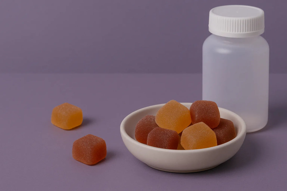 Gominolas de melatonina con CBD y CBN en un bol con botella sobre fondo morado