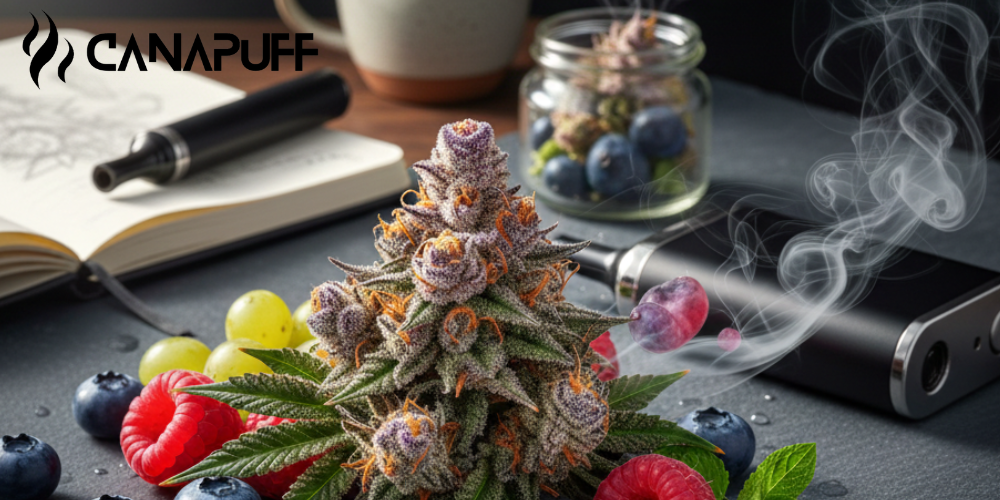 Cogollo de cannabis rodeado de bayas, un dispositivo de vape y un tarro en un ambiente lifestyle