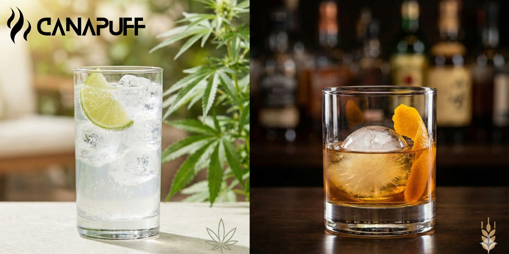 Canapuff-Logo mit zwei Cocktails: klarer Drink mit Limette und bernsteinfarbene Spirituose mit Eis, im Hintergrund eine Cannabispflanze