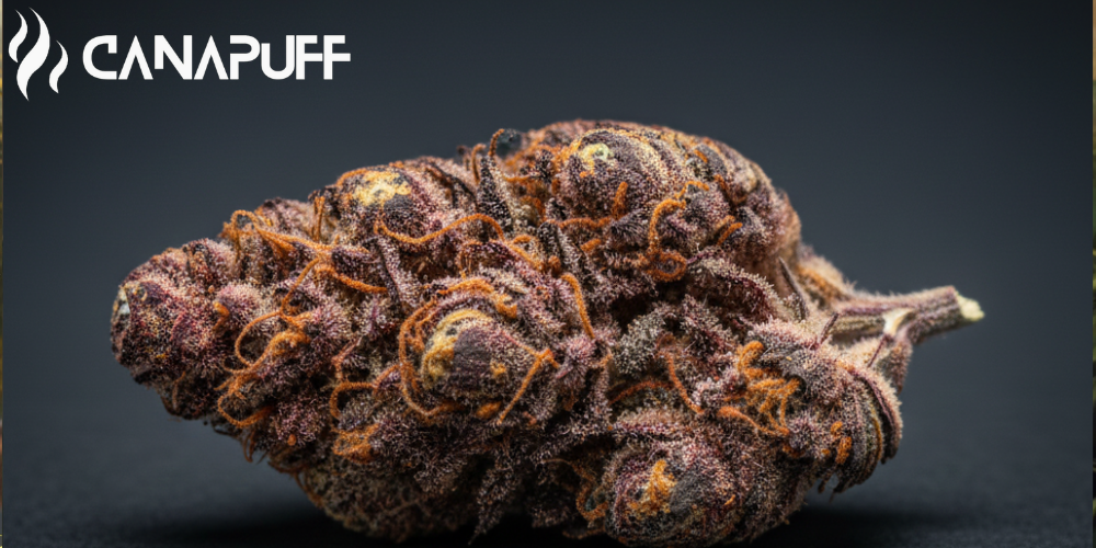 Flor de la cepa de cannabis Red Dragon de Canapuff con densa capa de tricomas sobre fondo oscuro