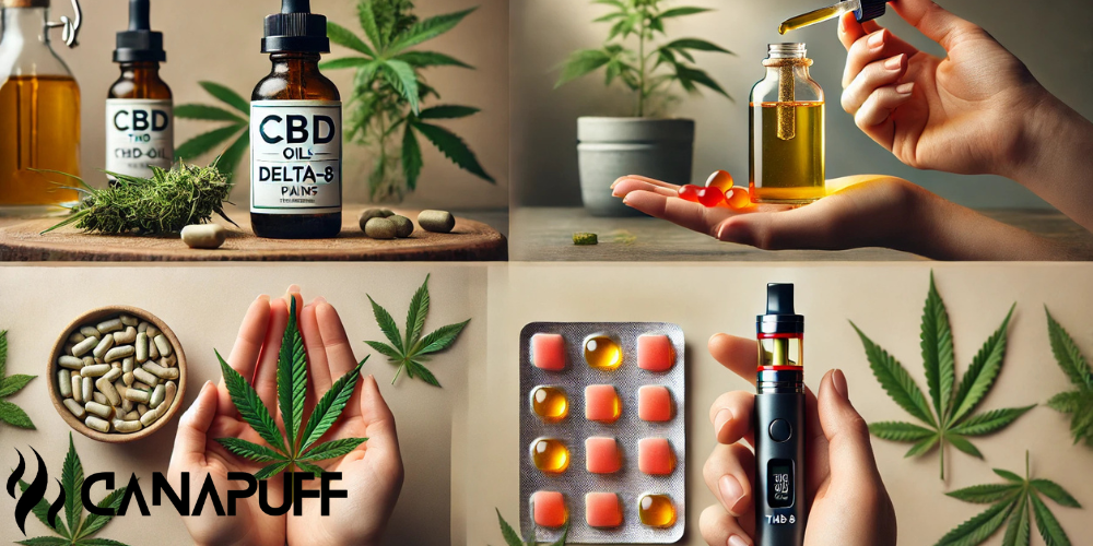 Collage con botellas de aceite CBD, gominolas Delta-8, cápsulas de cannabis, vape pen y logo de Canapuff con hojas de cáñamo