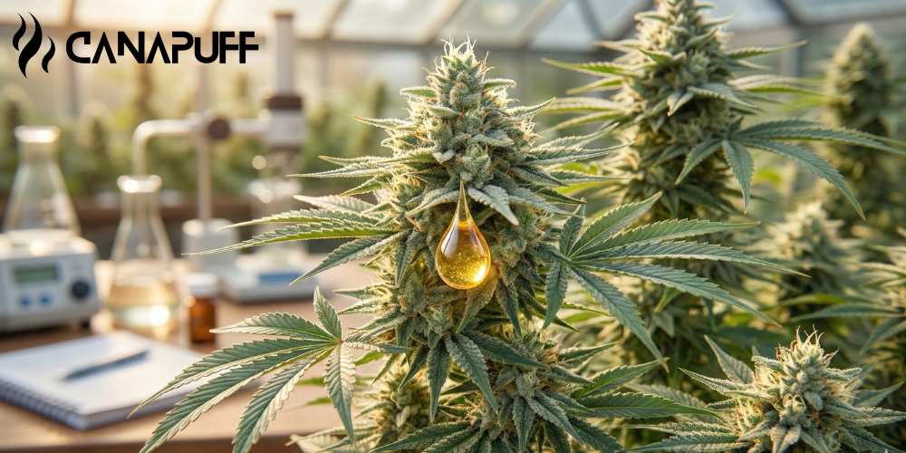 Planta de cannabis con gota de aceite dorado en un laboratorio con la marca Canapuff